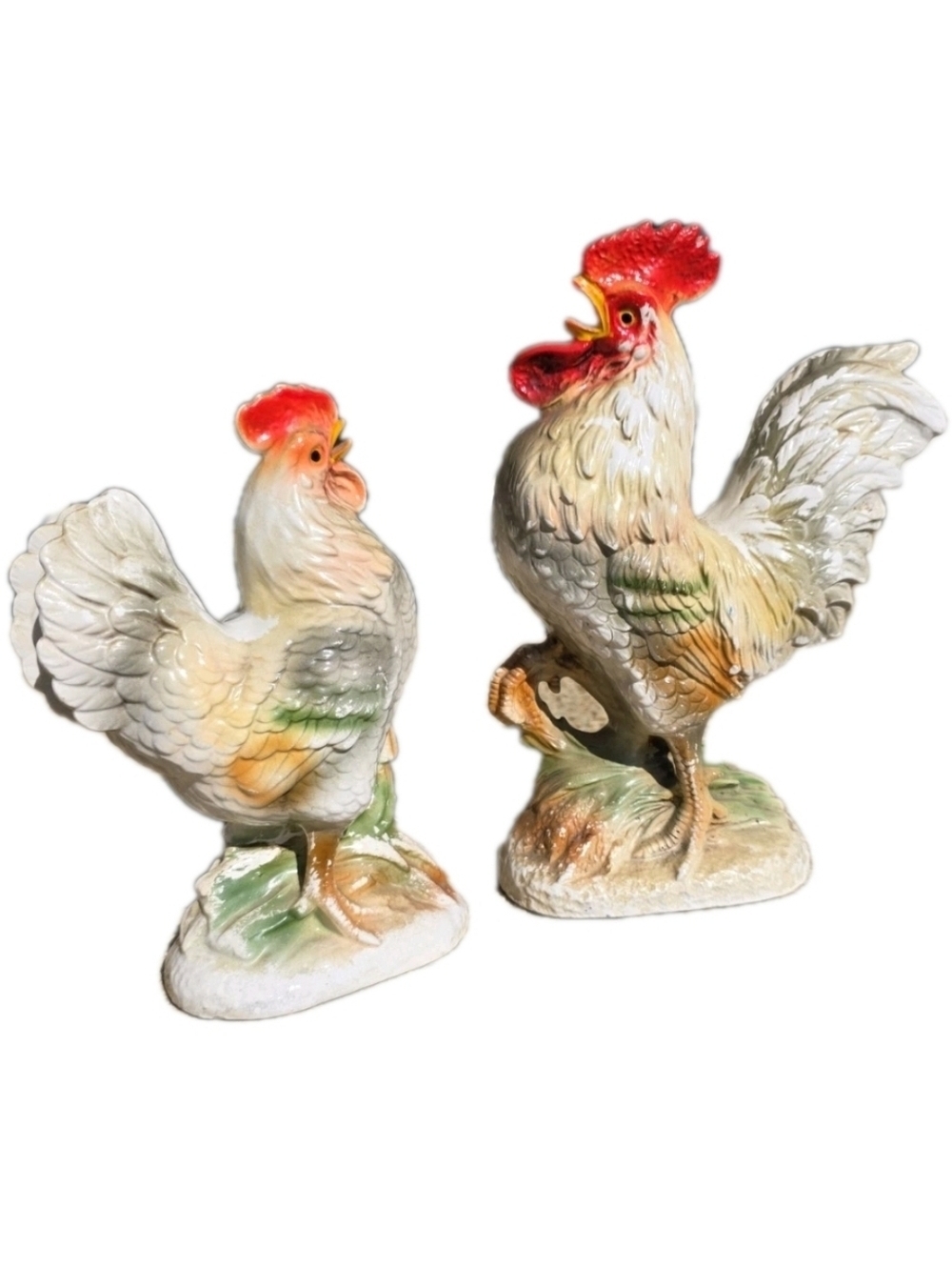 Vintage Rooster Hen Large Ceramic Figurine 2 pc White Red Farmhouse Cottagecore